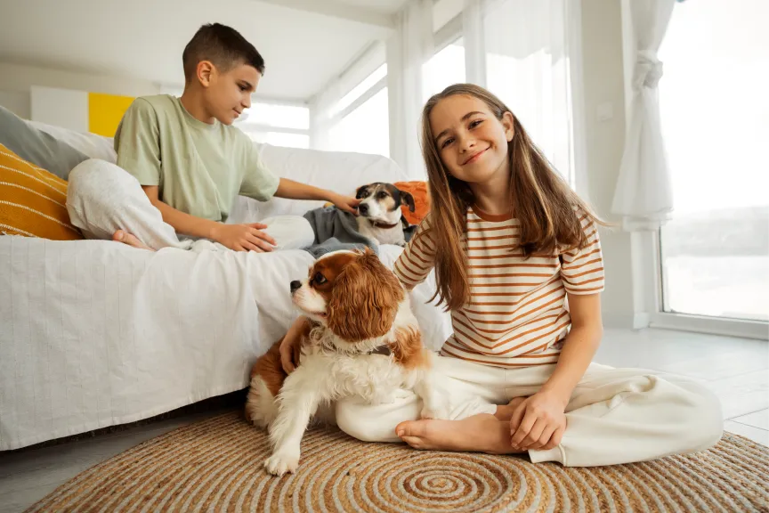 cousins-spending-time-together-home-with-pet-dog 1