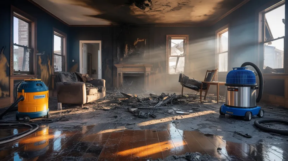 Fire-damaged living room with restoration equipment