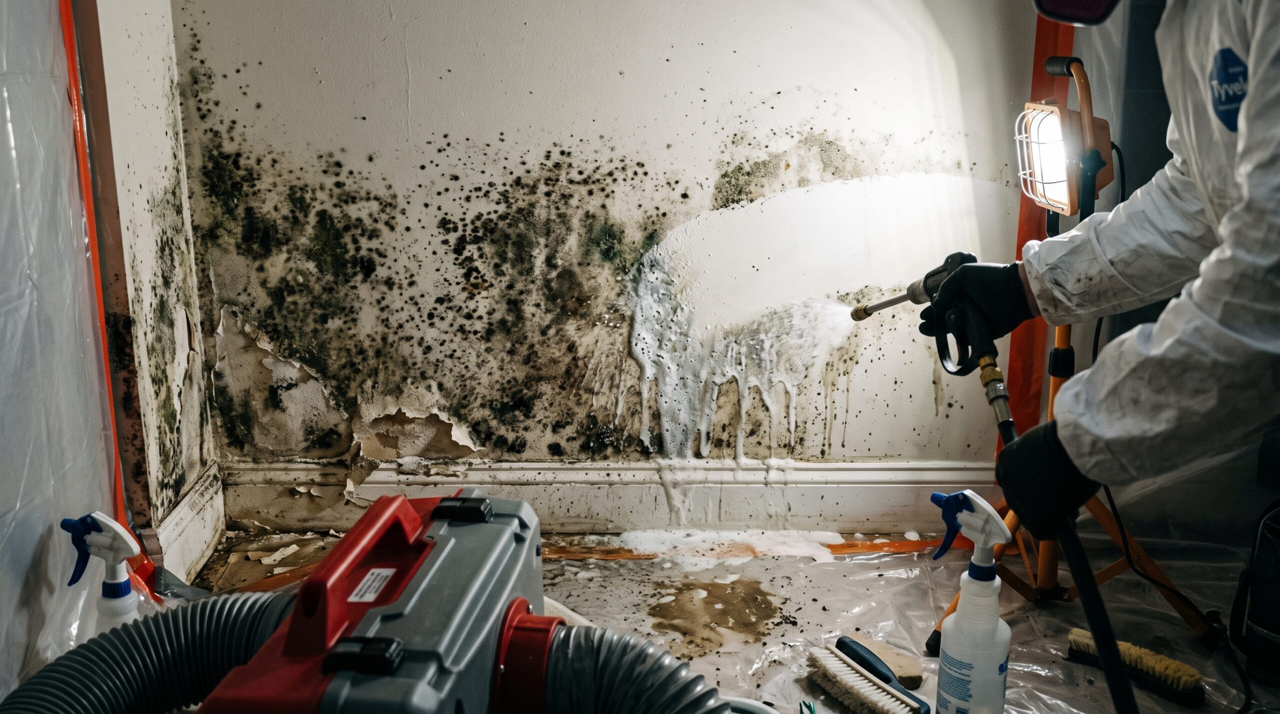 Technician in a room with mold on the walls and remediation equipment