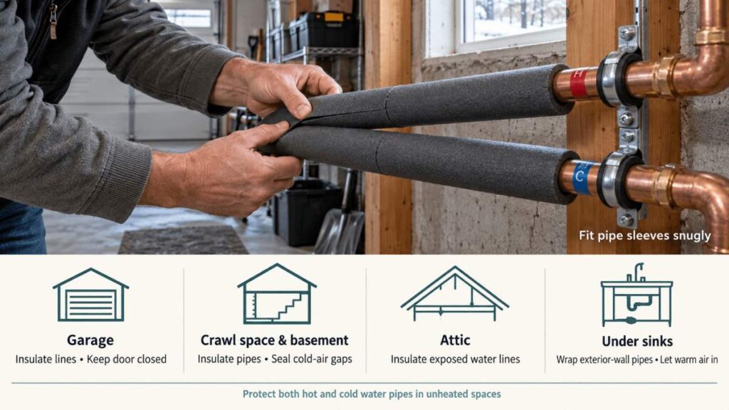 How do you protect pipes in the garage, crawl space, and unheated rooms