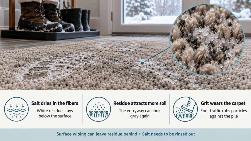 Why does winter salt leave white stains and make carpet look dirty again